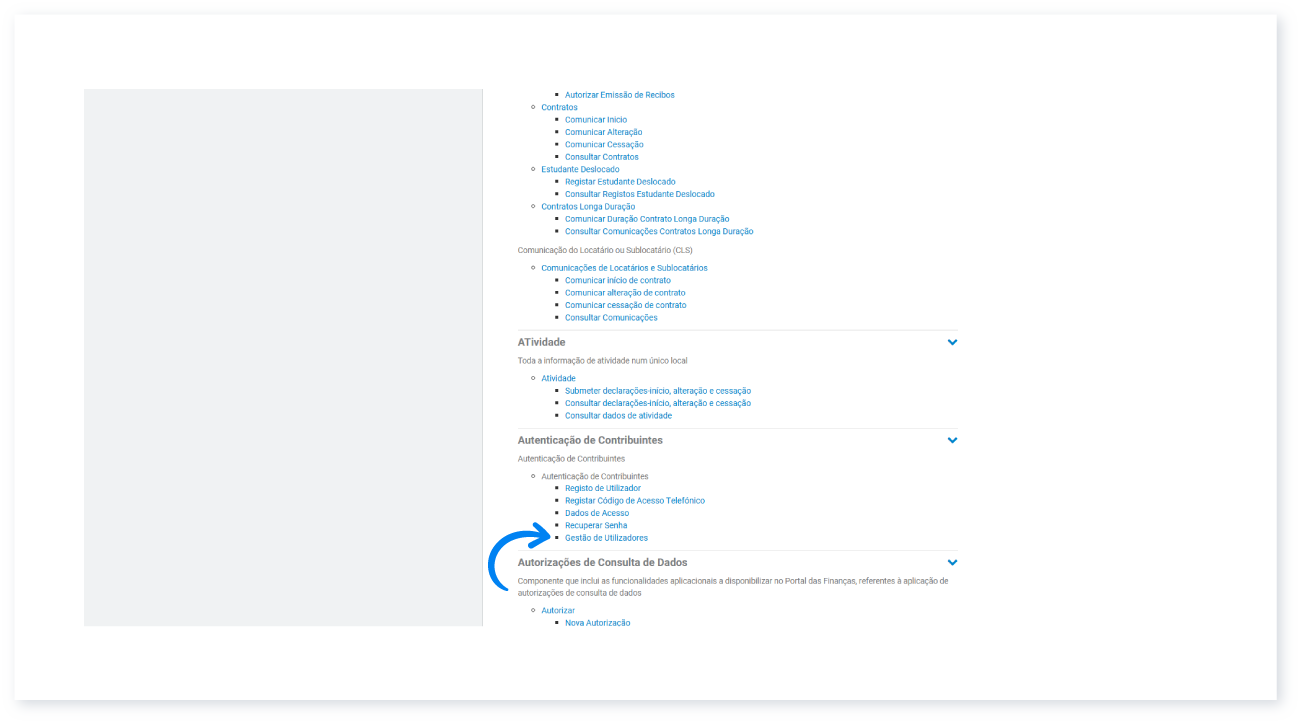 Portal das Finanças, Todos os Serviços, com Gestão de Utilizadores assinalada no grupo Autenticação de Contribuintes