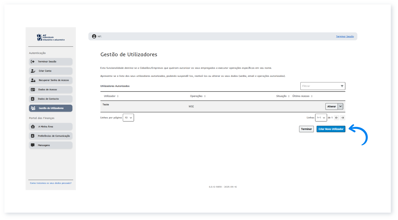 Página Gestão de Utilizadores do Portal das Finanças com a lista de subutilizadores e o botão Criar Novo Utilizador