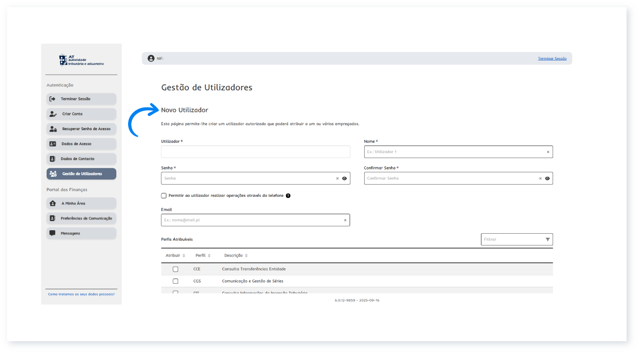 Formulário Novo Utilizador do Portal das Finanças com Utilizador, Nome, Senha, Confirmar Senha, Email e a tabela Perfis Atribuíveis