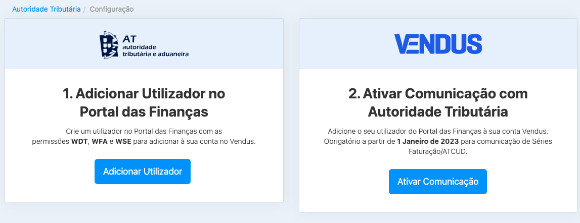 Ecrã Autoridade Tributária do Vendus com os passos Adicionar Utilizador no Portal das Finanças e Ativar Comunicação