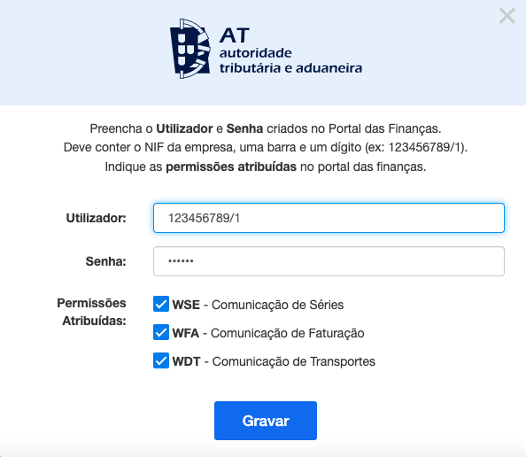 Janela Ativar Comunicação do Vendus com utilizador no formato NIF/N, senha e permissões WSE, WFA e WDT
