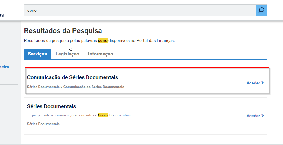 Resultados da pesquisa por série no Portal das Finanças, com Comunicação de Séries Documentais assinalado