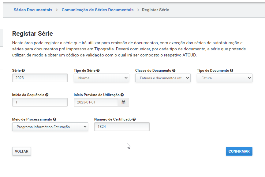 Formulário Registar Série da AT preenchido com série, tipo de série, tipo de documento, início da sequência, data, meio de processamento e número de certificado